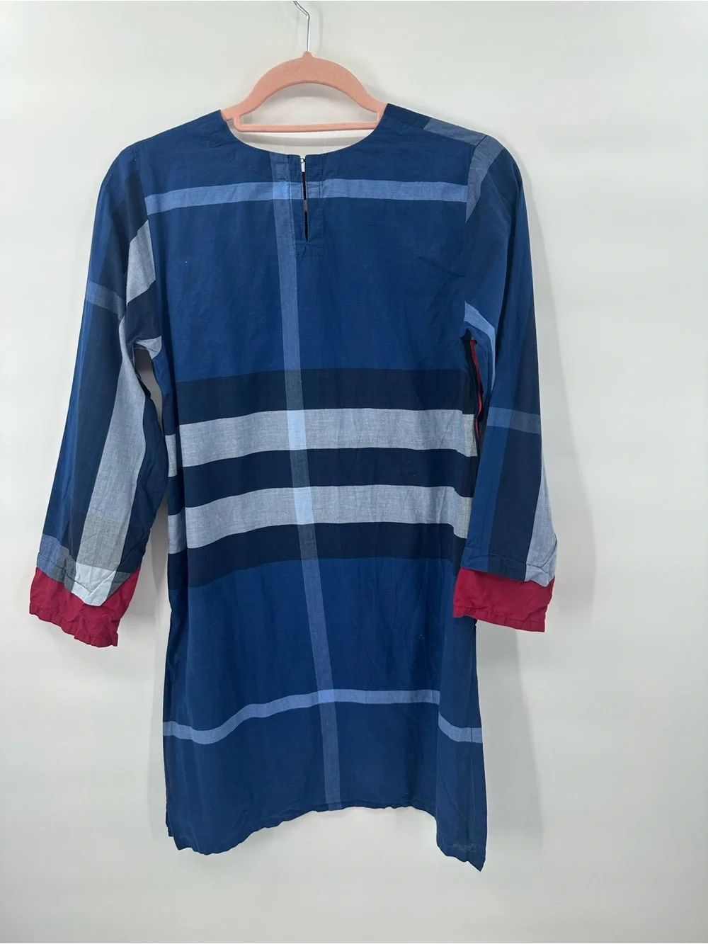 Beechtree Blue Plaid Check Tunic  10 Red Trim Long Sleeve 1184